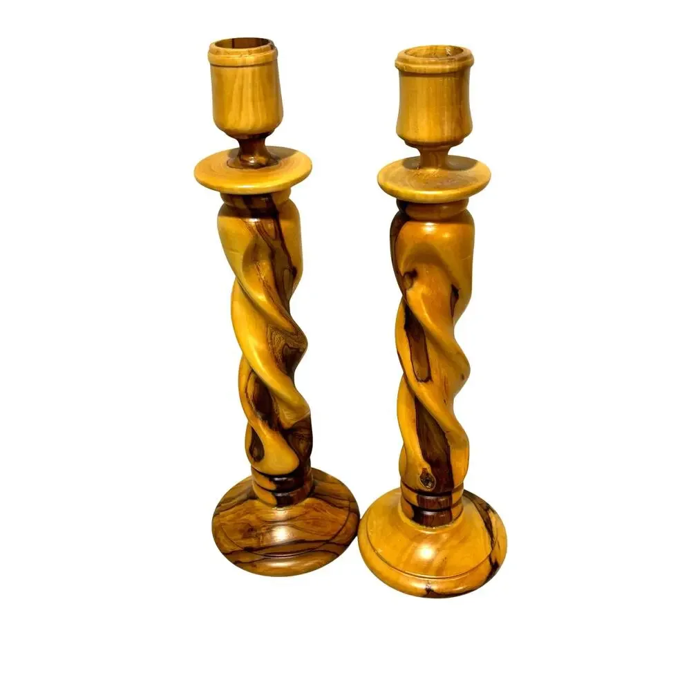 Carved wood candle stick holders barley twist woodgrain PAIR blond & brown